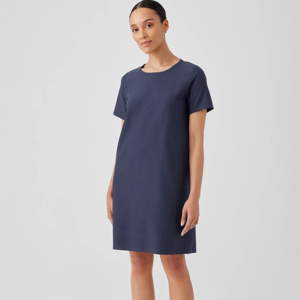 Eileen Fisher Washable Stretch Crepe Jewel Neck Dress Women’s Sz S Boxy shift‎